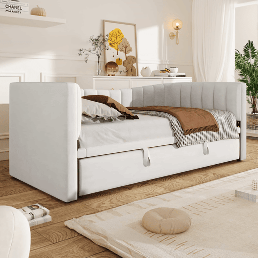 Sofá-cama 90x200 cm - Com cama extraível, cama individual, cama de casal (sem colchão), estilo minimalista, veludo - Branco