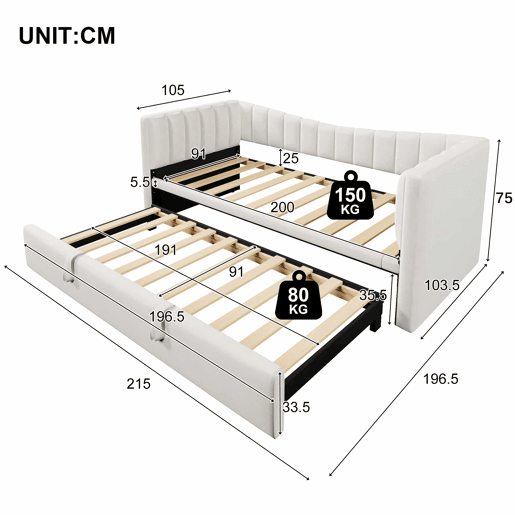 Sofá-cama 90x200 cm - Com cama extraível, cama individual, cama de casal (sem colchão), estilo minimalista, veludo - Branco