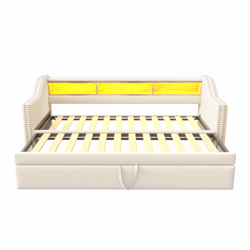 Sofá-cama 90180x190cm em linho - com LED e USB - com base de ripas - Bege Sofá-cama 90180x190cm em linho - com LED e USB - com base de ripas - Bege