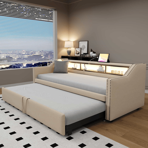 Sofá-cama 90180x190cm em linho - com LED e USB - com base de ripas - Bege Sofá-cama 90180x190cm em linho - com LED e USB - com base de ripas - Bege