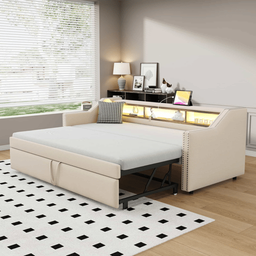 Sofá-cama 90180x190cm em linho - com LED e USB - com base de ripas - Bege Sofá-cama 90180x190cm em linho - com LED e USB - com base de ripas - Bege