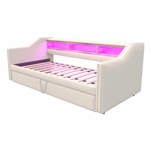 Sofá-cama 90180x190cm em linho - com LED e USB - com base de ripas - Bege Sofá-cama 90180x190cm em linho - com LED e USB - com base de ripas - Bege