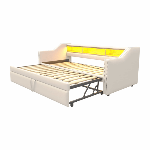 Sofá-cama 90180x190cm em linho - com LED e USB - com base de ripas - Bege Sofá-cama 90180x190cm em linho - com LED e USB - com base de ripas - Bege