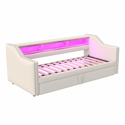Sofá-cama 90180x190cm em linho - com LED e USB - com base de ripas - Bege Sofá-cama 90180x190cm em linho - com LED e USB - com base de ripas - Bege