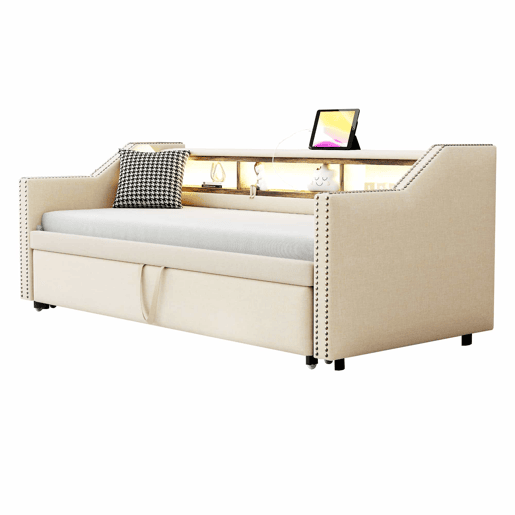 Sofá-cama 90180x190cm em linho - com LED e USB - com base de ripas - Bege Sofá-cama 90180x190cm em linho - com LED e USB - com base de ripas - Bege
