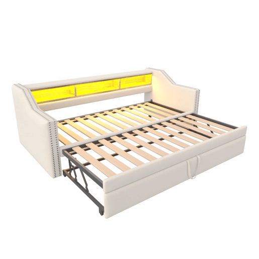 Sofá-cama 90180x190cm em linho - com LED e USB - com base de ripas - Bege Sofá-cama 90180x190cm em linho - com LED e USB - com base de ripas - Bege