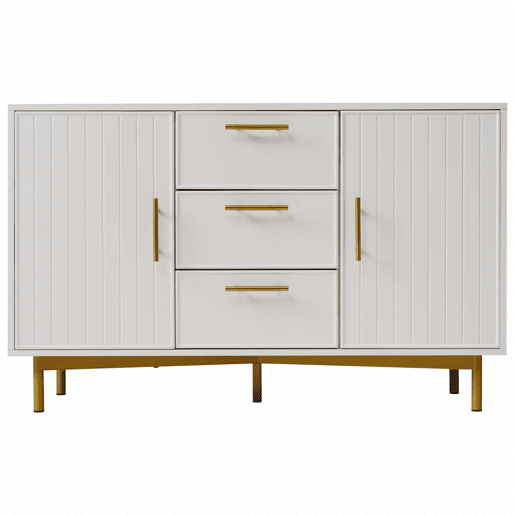 Cómoda decorada com riscas verticais - 3 gavetas e 2 portas com prateleiras reguláveis - Branco