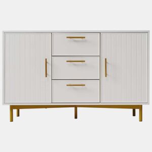 Cómoda decorada com riscas verticais - 3 gavetas e 2 portas com prateleiras reguláveis - Branco