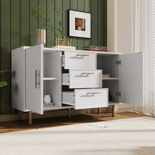 Cómoda decorada com riscas verticais - 3 gavetas e 2 portas com prateleiras reguláveis - Branco