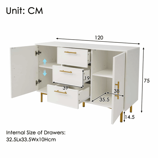 Cómoda decorada com riscas verticais - 3 gavetas e 2 portas com prateleiras reguláveis - Branco