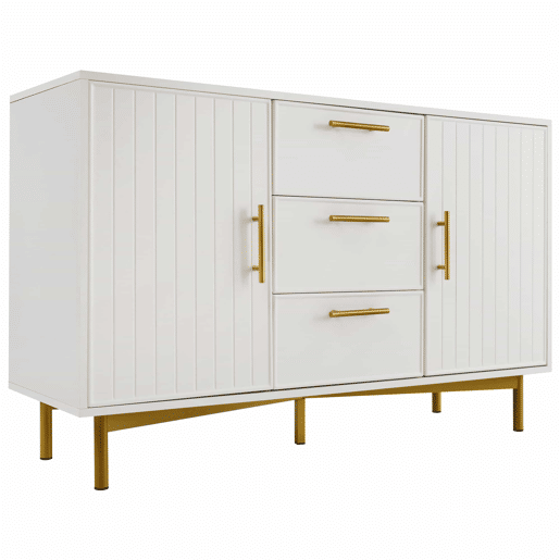 Cómoda decorada com riscas verticais - 3 gavetas e 2 portas com prateleiras reguláveis - Branco