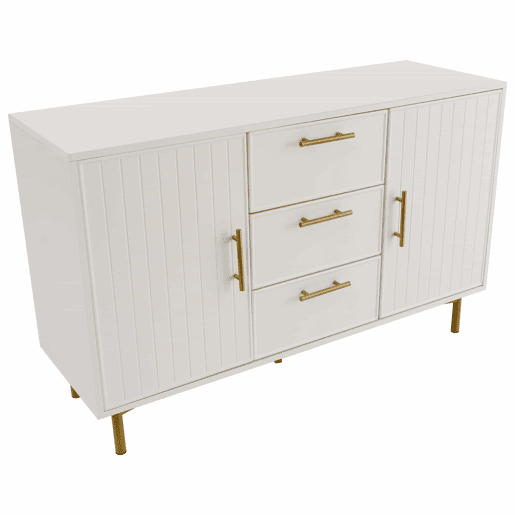 Cómoda decorada com riscas verticais - 3 gavetas e 2 portas com prateleiras reguláveis - Branco