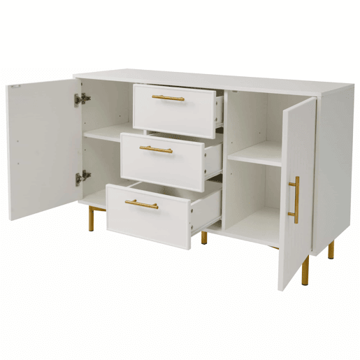 Cómoda decorada com riscas verticais - 3 gavetas e 2 portas com prateleiras reguláveis - Branco