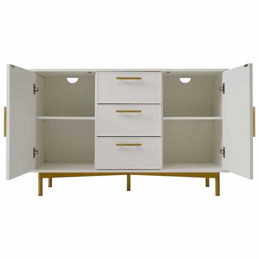 Cómoda decorada com riscas verticais - 3 gavetas e 2 portas com prateleiras reguláveis - Branco