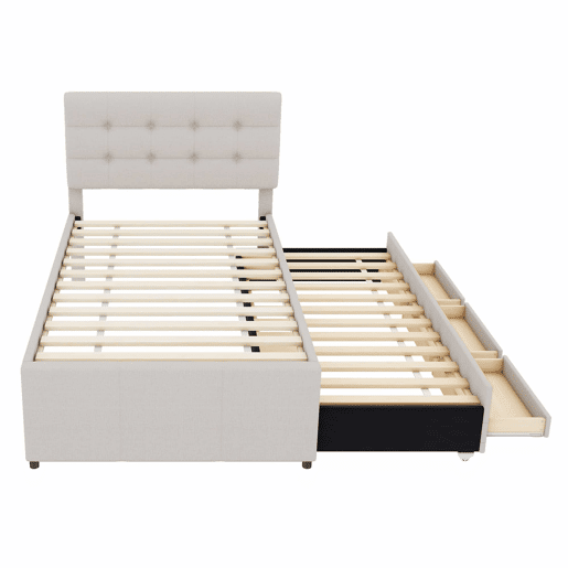 Cama estofada 90x200cm com cama de rodízio 90x190cm - em tecido de linho - com 3 gavetas e estrado de molas - Bege