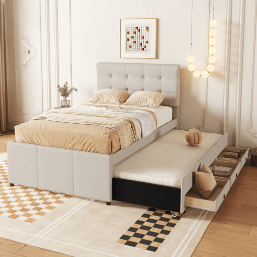 Cama estofada 90x200cm com cama de rodízio 90x190cm - em tecido de linho - com 3 gavetas e estrado de molas - Bege
