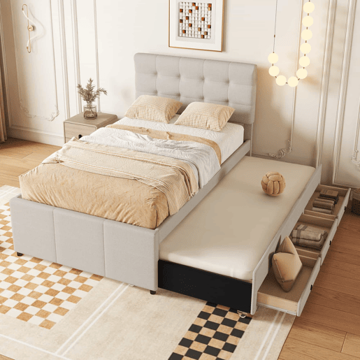 Cama estofada 90x200cm com cama de rodízio 90x190cm - em tecido de linho - com 3 gavetas e estrado de molas - Bege