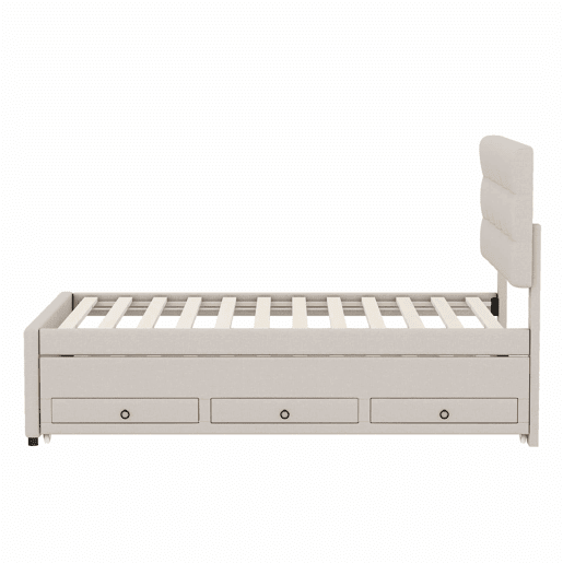Cama estofada 90x200cm com cama de rodízio 90x190cm - em tecido de linho - com 3 gavetas e estrado de molas - Bege