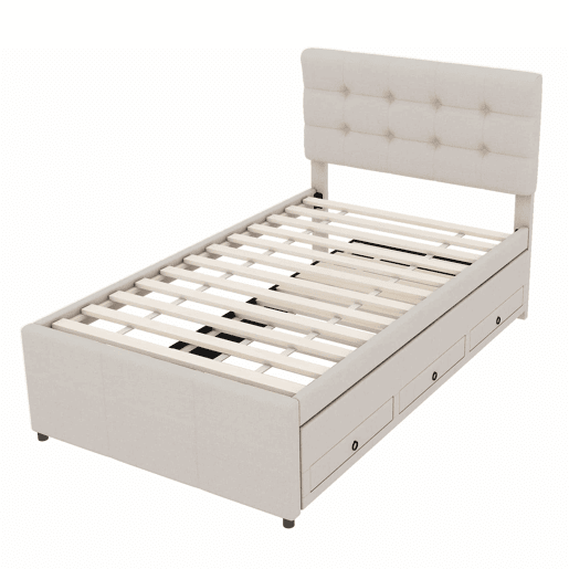 Cama estofada 90x200cm com cama de rodízio 90x190cm - em tecido de linho - com 3 gavetas e estrado de molas - Bege