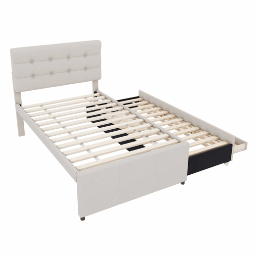 Cama estofada 90x200cm com cama de rodízio 90x190cm - em tecido de linho - com 3 gavetas e estrado de molas - Bege