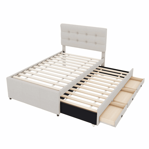Cama estofada 90x200cm com cama de rodízio 90x190cm - em tecido de linho - com 3 gavetas e estrado de molas - Bege
