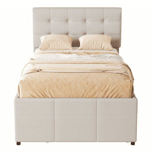 Cama estofada 90x200cm com cama de rodízio 90x190cm - em tecido de linho - com 3 gavetas e estrado de molas - Bege