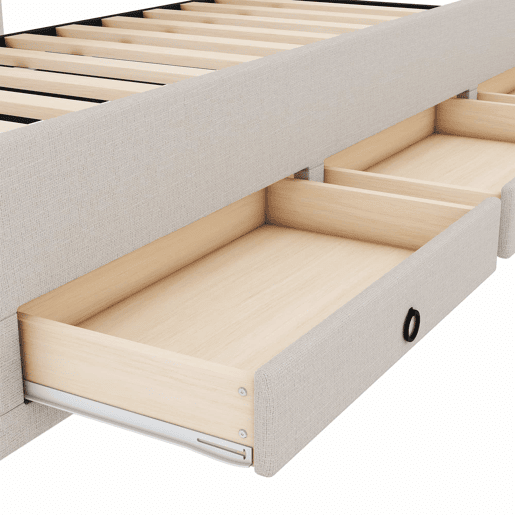 Cama estofada 90x200cm com cama de rodízio 90x190cm - em tecido de linho - com 3 gavetas e estrado de molas - Bege