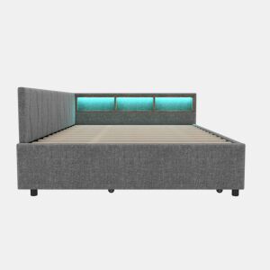 Cama Daybett 140x200cm - Sofá-cama, com compartimento, USB+Tipo C, controlo remoto para luz LED, com cama extraível, com estrado (sem colchão) - Cinza