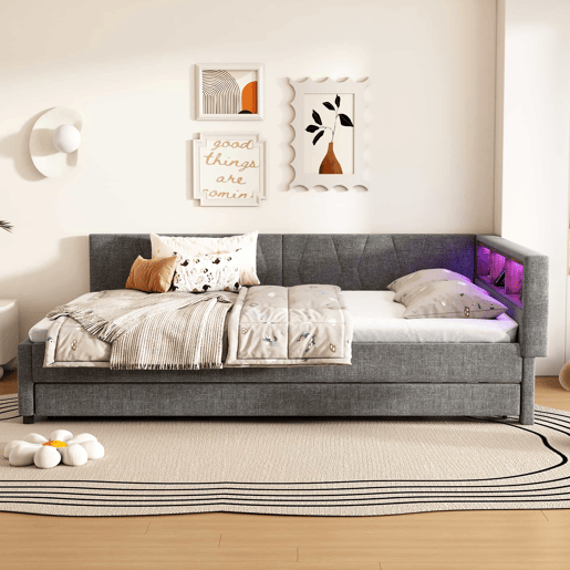 Cama Daybett 140x200cm - Sofá-cama, com compartimento, USB+Tipo C, controlo remoto para luz LED, com cama extraível, com estrado (sem colchão) - Cinza
