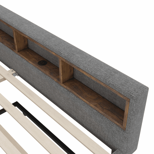 Cama Daybett 140x200cm - Sofá-cama, com compartimento, USB+Tipo C, controlo remoto para luz LED, com cama extraível, com estrado (sem colchão) - Cinza