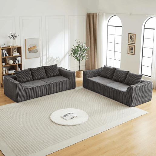 Sofá minimalista de 6 lugares - linhas elegantes, encosto ligeiramente inclinado, 5 almofadas - Cinza Sofá minimalista de 6 lugares - linhas elegantes, encosto ligeiramente inclinado, 5 almofadas - Cinza