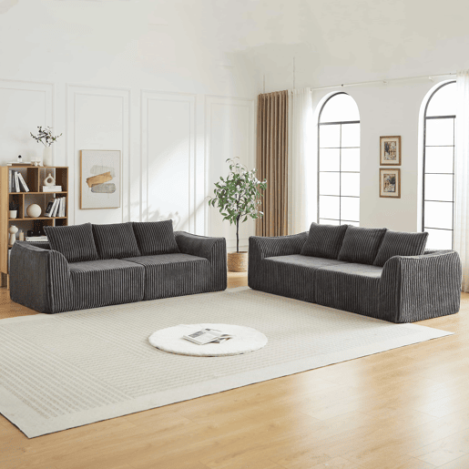 Sofá minimalista de 6 lugares - linhas elegantes, encosto ligeiramente inclinado, 5 almofadas - Cinza Sofá minimalista de 6 lugares - linhas elegantes, encosto ligeiramente inclinado, 5 almofadas - Cinza