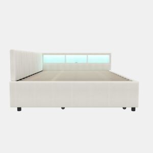 Cama de dia 140x200cm - Sofá-cama, compartimento de arrumação, USB+Tipo C, controlo remoto para luz LED, cama extensível, com estrado, lençóis - Bege