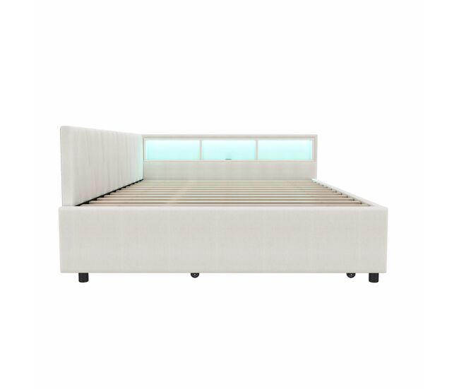 Día cama 140x200cm - sofá cama, compartimento de almacenamiento, usb+tipo c, control remoto para luz led, cama extensible, con somier, lino - beige