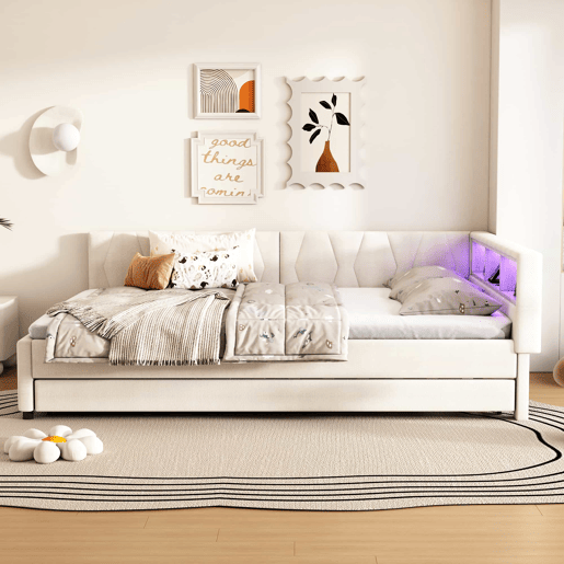 Cama de dia 140x200cm - Sofá-cama, compartimento de arrumação, USB+Tipo C, controlo remoto para luz LED, cama extensível, com estrado, lençóis - Bege