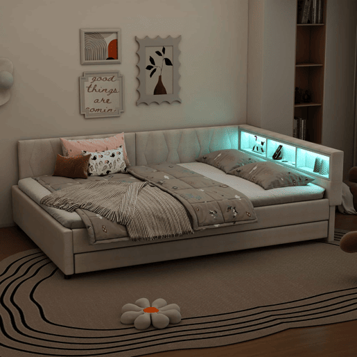 Cama de dia 140x200cm - Sofá-cama, compartimento de arrumação, USB+Tipo C, controlo remoto para luz LED, cama extensível, com estrado, lençóis - Bege