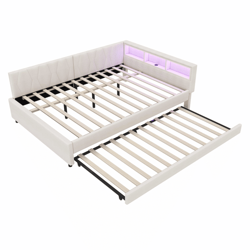 Cama de dia 140x200cm - Sofá-cama, compartimento de arrumação, USB+Tipo C, controlo remoto para luz LED, cama extensível, com estrado, lençóis - Bege