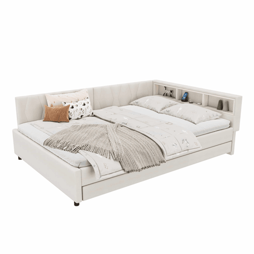 Cama de dia 140x200cm - Sofá-cama, compartimento de arrumação, USB+Tipo C, controlo remoto para luz LED, cama extensível, com estrado, lençóis - Bege
