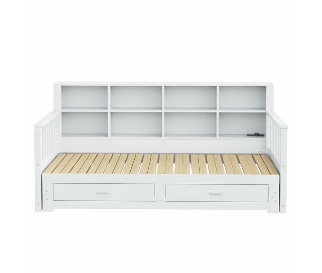 Sofá cama extensible 90/180x190 cm - con almacenamiento y enchufe en el brazo, 2 cajones y somier - blanco
