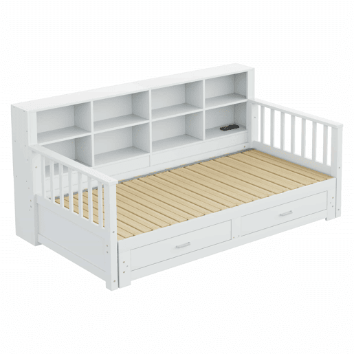 Sofá-cama extensível 90180x190 cm - com arrumação e tomada no braço, 2 gavetas e estrado - Branco