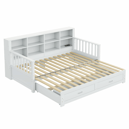 Sofá-cama extensível 90180x190 cm - com arrumação e tomada no braço, 2 gavetas e estrado - Branco