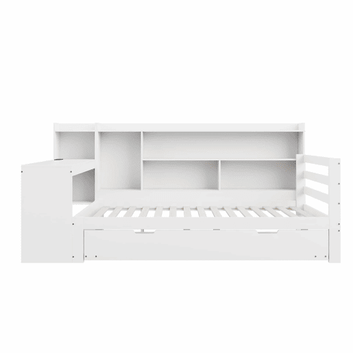 Sofá-cama 90 x 200 cm - Com secretária, prateleiras, compartimentos, tomada e cama extraível - Branco