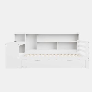 Sofá-cama 90 x 200 cm - Com secretária, prateleiras, compartimentos, tomada e cama extraível - Branco