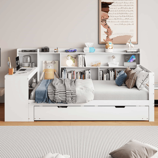 Sofá-cama 90 x 200 cm - Com secretária, prateleiras, compartimentos, tomada e cama extraível - Branco