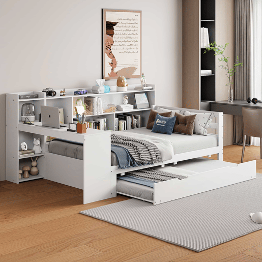Sofá-cama 90 x 200 cm - Com secretária, prateleiras, compartimentos, tomada e cama extraível - Branco