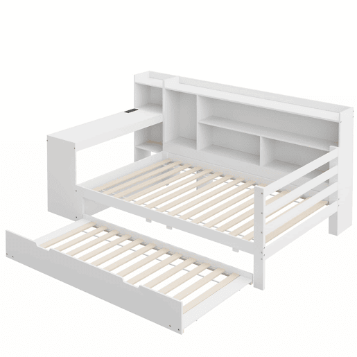 Sofá-cama 90 x 200 cm - Com secretária, prateleiras, compartimentos, tomada e cama extraível - Branco