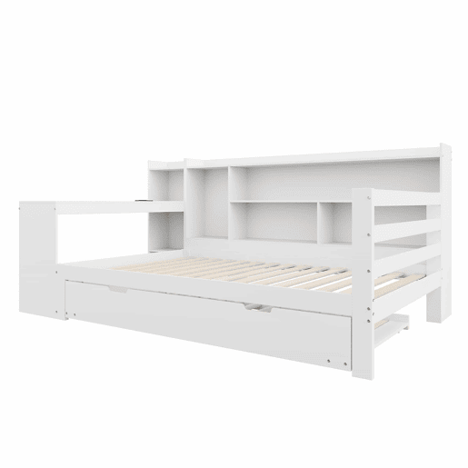 Sofá-cama 90 x 200 cm - Com secretária, prateleiras, compartimentos, tomada e cama extraível - Branco