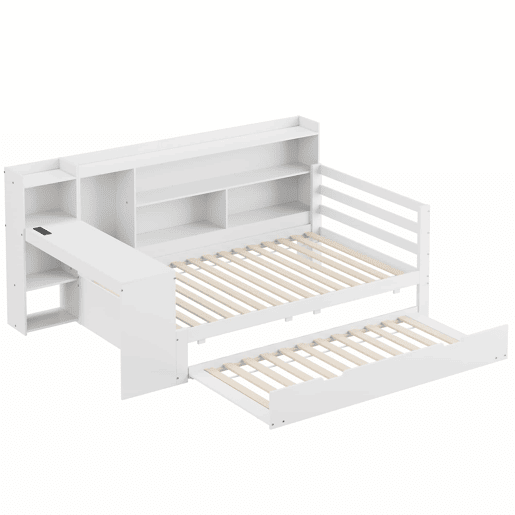 Sofá-cama 90 x 200 cm - Com secretária, prateleiras, compartimentos, tomada e cama extraível - Branco