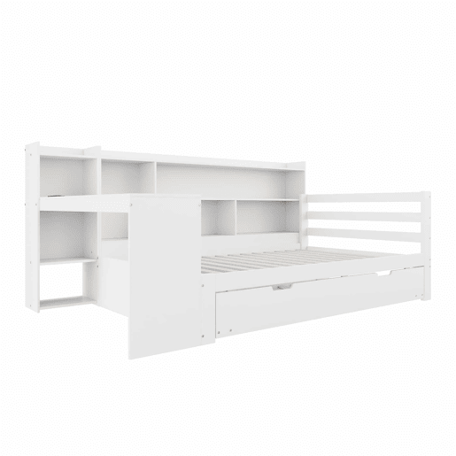 Sofá-cama 90 x 200 cm - Com secretária, prateleiras, compartimentos, tomada e cama extraível - Branco