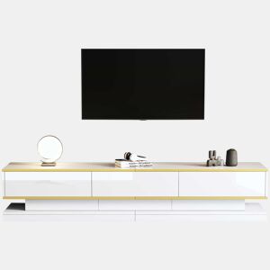 Móvel de TV 200x40x40 cm - Lowboard com 3 gavetas - Branco quente com borda dourada